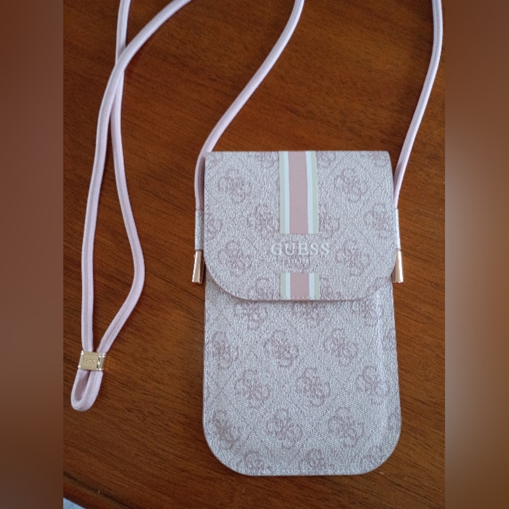 GUESS Blush Pink Signature Crossbody Phone Pouch with Stripe Detail
